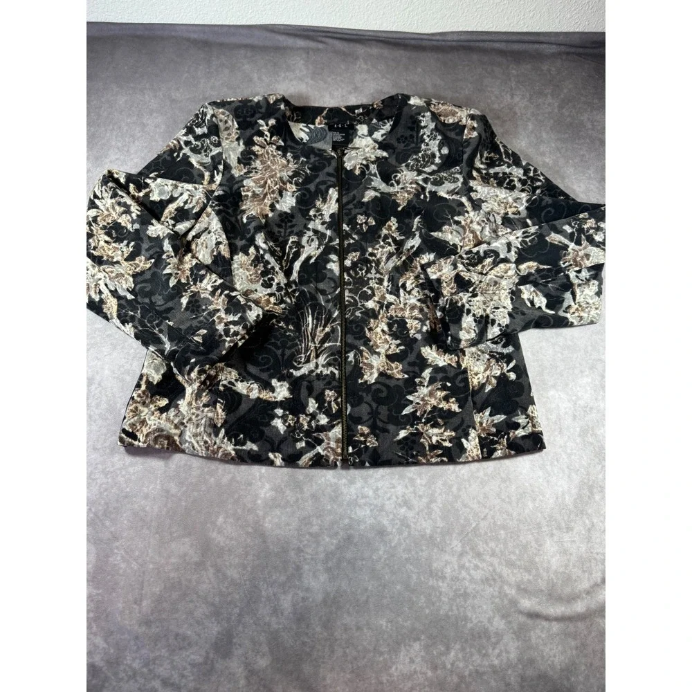 RQT Womens XL Floral Damask Corduroy Zip Front Jacket Black Tan Grey Stretch